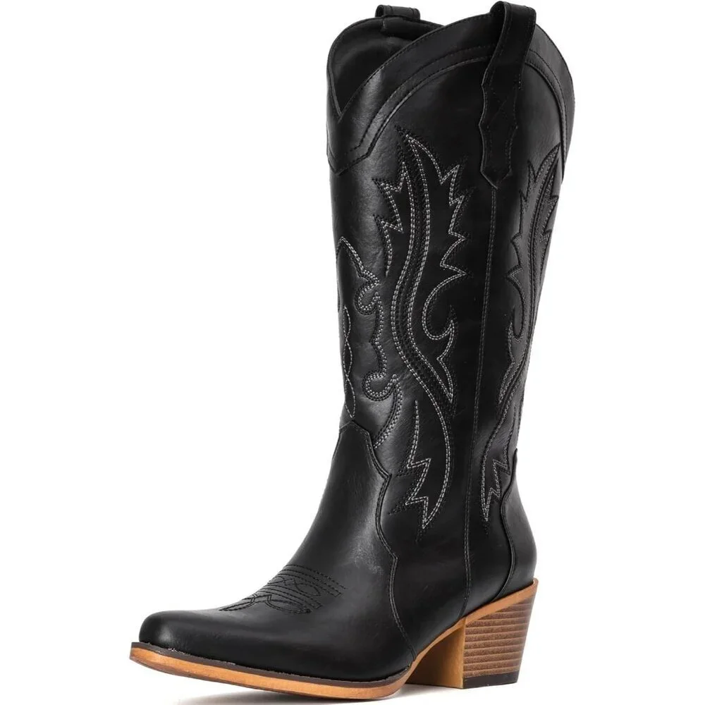 Women's Black Western Cowgirl Chunky Heel Mid Calf Snip Toe Insteps Boots